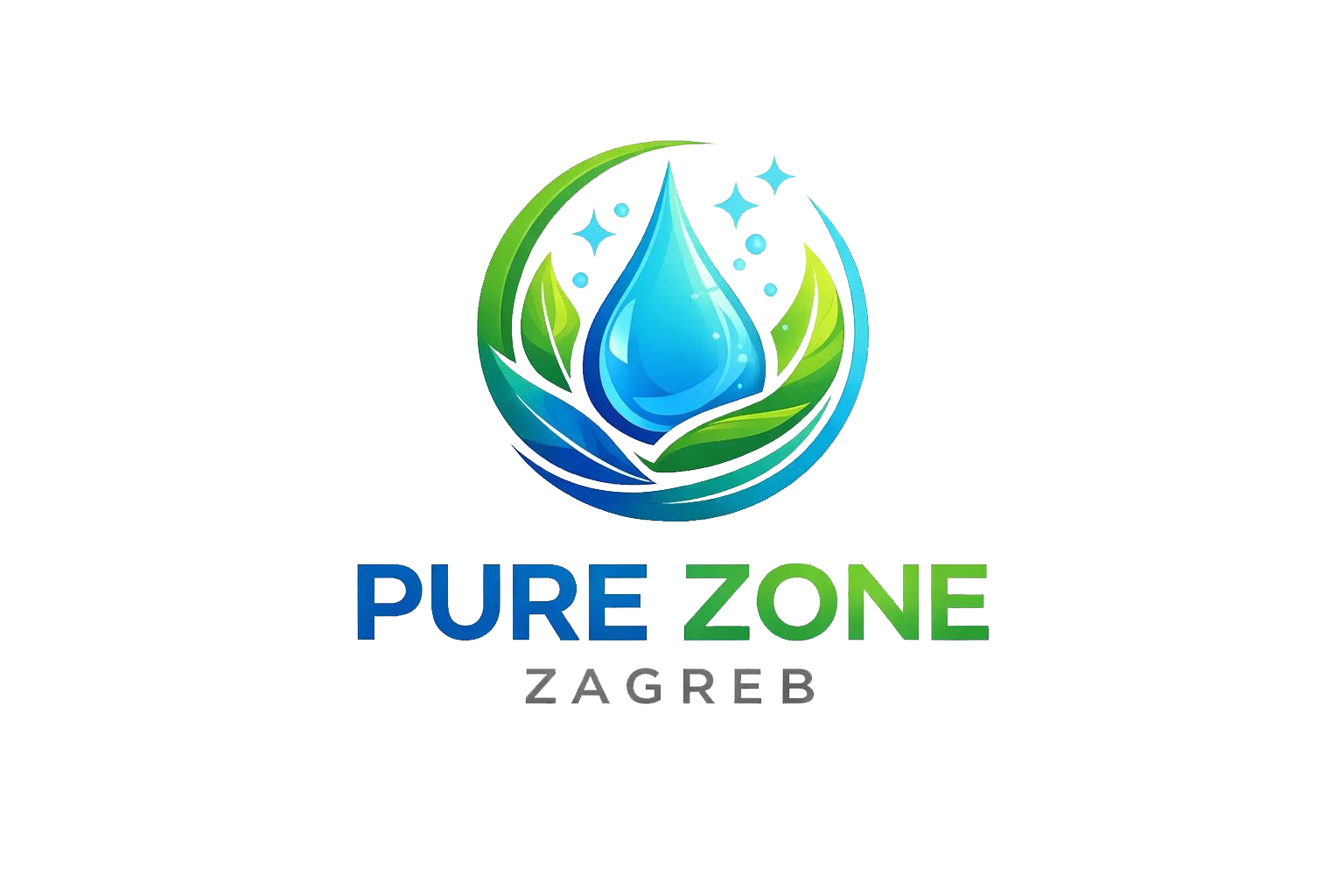 Pure Zone Zagreb logo featuring a blue water droplet surrounded by green hands forming a circle on a black background